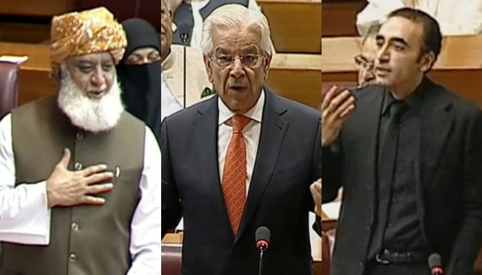 This collage shows JUI-F chief Maulana Fazlur Rehman (left), Defence Minister Khawaja Asif (centre) and PPP Chairman Bilawal Bhutto Zardari. — Geo News
