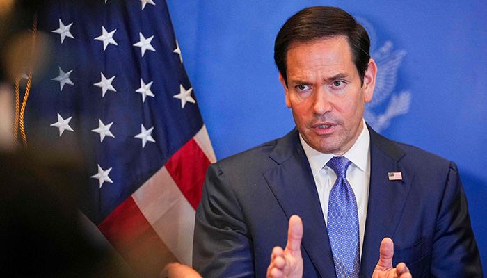 US Secretary of State Marco Rubio speaks with members of the media before departing from Bahrain international airport after his visit to the Middle East to discuss the interim deal between the US and Iran with Arab Gulf allies, in Manama on June 25, 2026. — AFP
