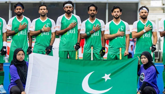 Pakistan players sing national anthem ahead of their FIH Nations Cup Pool B match against New Zealand at the National Hockey Stadium in Kuala Lumpur on June 18, 2025. — FIH