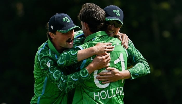 Ireland players celebrate a wicket during the second T20I against India at the Civil Service Cricket Club in Belfast, June 28, 2026. — X/@cricketireland