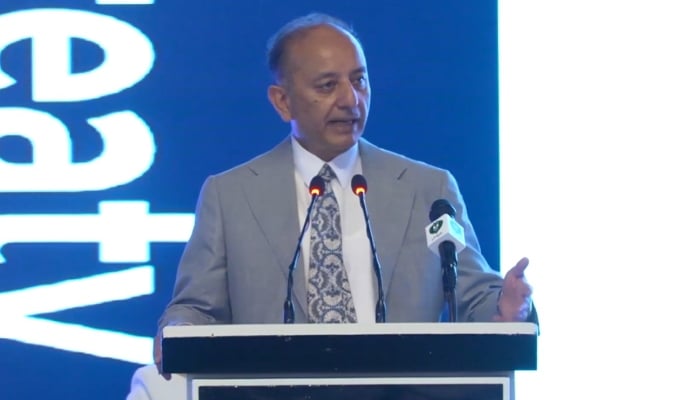 Minister for Climate Change Musadik Malik addresses an international seminar on the Indus Waters Treaty in Islamabad on June 30, 2026. — Geo News