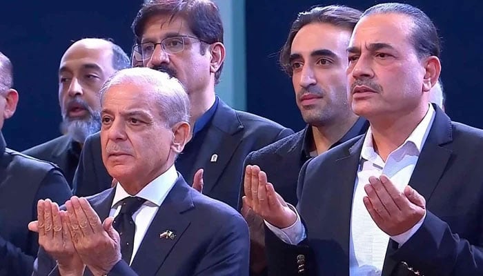 Prime Minister Shehbaz Sharif and Chief of Defence Forces (CDF) Field Marshall Asim Munir offering prayers during the state funeral of Irans late Supreme Leader Ayatollah Ali Khamenei in Tehran. — AFP