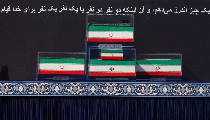 The coffins of Irans late Supreme Leader Ayatollah Ali Khamenei and his family members in the colours of Iranian flags and a portrait of late leader of the Islamic Revolution, Ayatollah Ruhollah Khomeini, on the stage, as people gather for a public farewell ceremony to pay their respects to late Supreme Leader Ayatollah Ali Khamenei, who was assassinated on February 28 in Israeli and US airstrikes, at the Imam Khomeini Grand Mosalla, in Tehran, Iran July 4, 2026. — Reuters