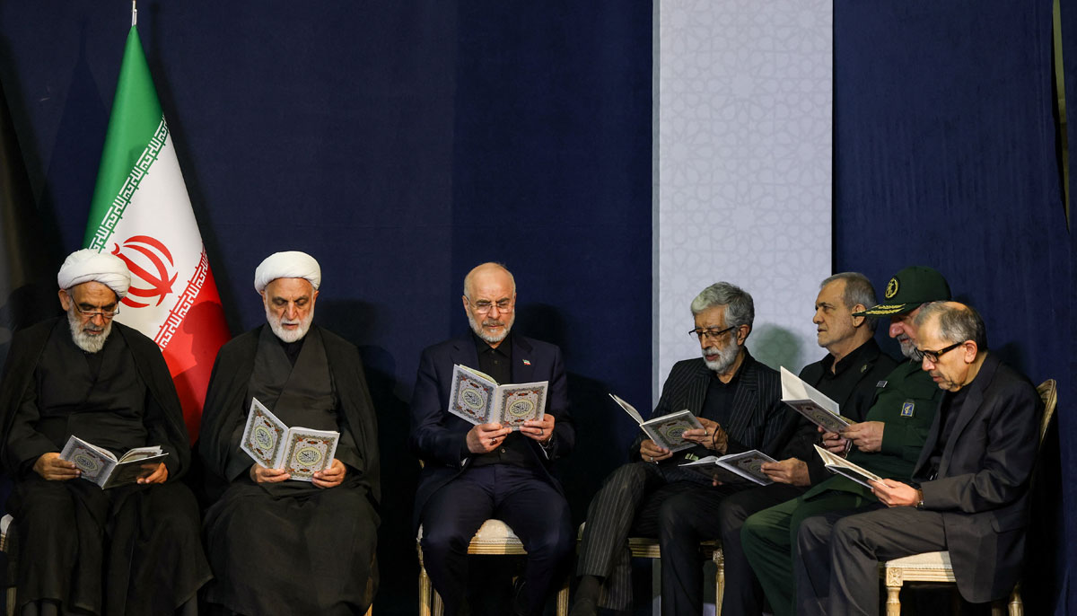 Member of the Assembly of Experts Mohsen Qomi, Chief Justice of Iran Gholam-Hossein Mohseni Ejei, Irans parliament speaker Mohammad Baqer Ghalibaf, Father-in-law of Irans Supreme Leader Mojtaba Khamenei, Gholamali Haddad Adel, Iranian President Masoud Pezeshkian and adviser to Irans Supreme Leader Mohsen Rezaei attend a farewell ceremony for Irans late Supreme Leader Ayatollah Ali Khamenei at the Imam Khomeini Grand Mosalla in Tehran, Iran, July 3, 2026.— Reuters