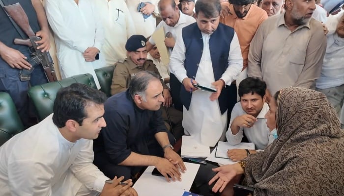 Minister of State for Finance and Railways Bilal Azhar Kayani holds a public hearing in Jhelum, Punjab, July 4, 2026. — Geo News
