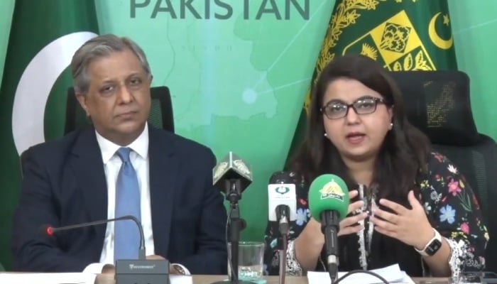 IT Minister Shaza Fatima Khawaja speaks during a joint press conference with Law Minister Azam Nazeer Tarar in Islamabad, July 5, 2026. — Screengrab via YouTube/Geo News