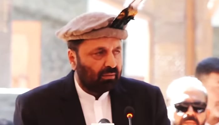 Pakistan Peoples Party (PPP) leader Amjad Hussain Advocate addresses ceremony after taking oath as new chief minister of Gilgit-Baltistan, Gilgit, July 6, 2026. — Screengrab via Geo News