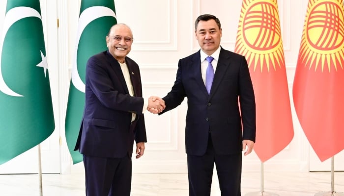 President Asif Ali Zardari and Kyrgyz President Sadyr Japarov shake hands before their meeting in Kyrgyzstan on July 7, 2026. — APP