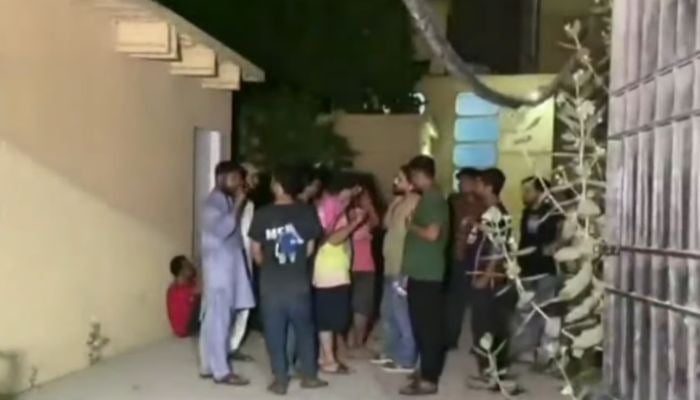 Area residents gather at Civil Hospital after body of a six-year-old boy found dead in sack in Karachi’s Napier area on July 7, 2026. — Geo News