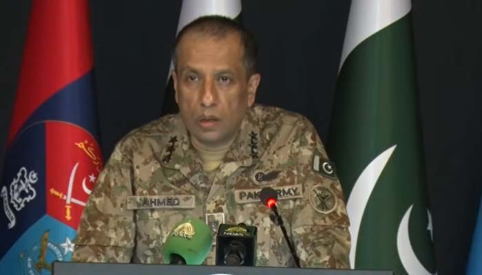 Inter-Services Public Relations (ISPR) Director General Lt Gen Ahmed Sharif Chaudhry is addressing a press conference. — Screengrab via Geo News