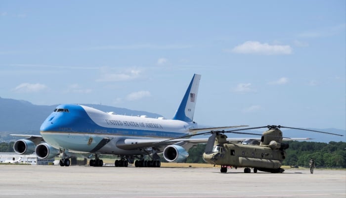 Air Force One, carrying US President Donald Trump, upon landing at Geneva Airport for Frances G7 summit in Evian (France), in Geneva, Switzerland, Monday, June 15, 2026. — Reuters