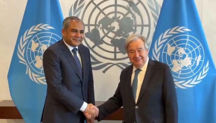 Interior Minister Mohsin Naqvi meets United Nations Secretary General Antonio Guterres in New York on July 9, 2026. — Screengrab via X@PTVNewsOfficial