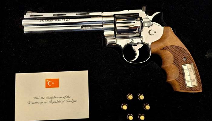 A gun gifted by Turkish President Recep Tayyip Erdogan to Lithuanian President Gitanas Nauseda at Nato summit in Ankara. — Reuters/File