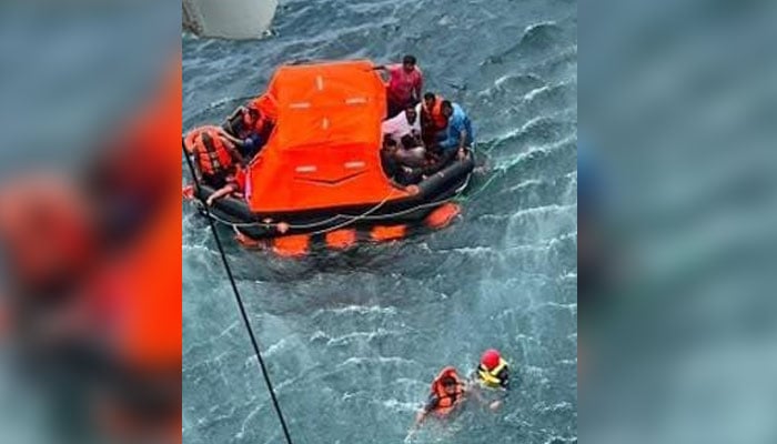 Pakistan Navy, in coordination with the Pakistan Maritime Security Agency, launches a rescue operation to save 20 Pakistani crew members from a sinking cargo vessel on July 9, 2026. — ISPR