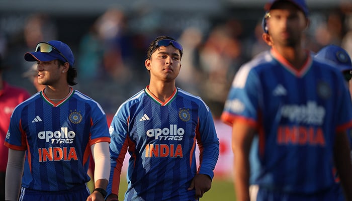 Indias Vaibhav Sooryavanshi walks off dejected with teammates after Englands victory in the fourth T20 International at Bristols Seat Unique Stadium, Britain, on July 9, 2026. — Reuters