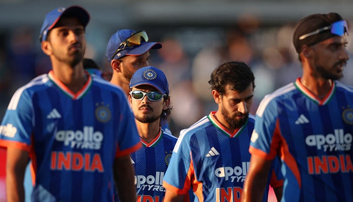 Indias Ishan Kishan leaves the field with teammates after Englands victory in the fourth T20 International at Seat Unique Stadium in Bristol, Britain, July 9, 2026. — Reuters
