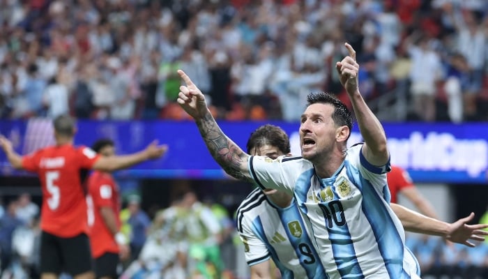 Argentinas forward #10 Lionel Messi celebrates scoring his teams second goal during the 2026 World Cup round of 16 football match between Argentina and Egypt at Atlanta Stadium in Atlanta, US, on July 7, 2026. — AFP