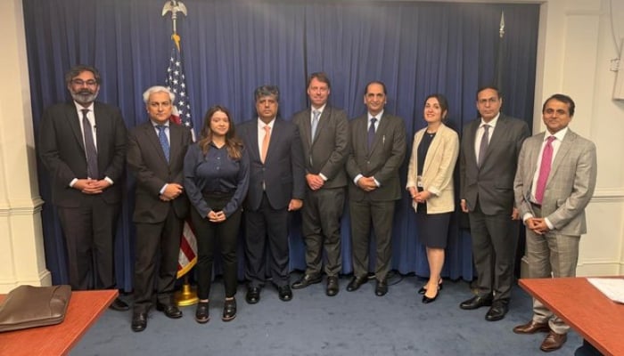 Participants in Pakistan-US reciprocal trade talks pose for a group photo in this image released on July 11, 2026. — X/@TahirAndrabi via X