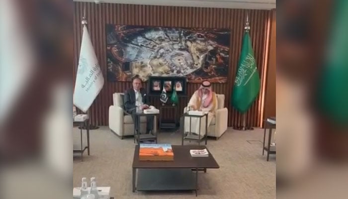 Federal Minister for Finance Muhammad Aurangzeb meets his Saudi counterpart Mohammed bin Abdullah Al-Jadaan on July 12, 2026. — YouTube/Geo News/screengrab
