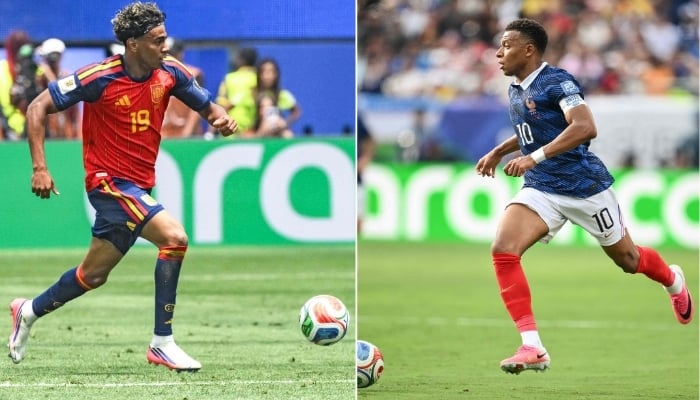 This combination of files photos created on July 12, 2026, shows Spains forward #19 Lamine Yamal in Inglewood on July 10, 2026 (L); and Frances forward #10 Kylian Mbappe in East Rutherford on June 30, 2026. — AFP