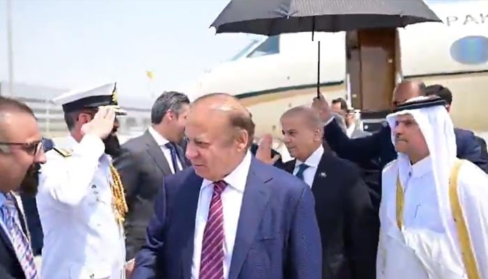 Qatar’s deputy premier Sheikh Saud bin Abdulrahman receives Prime Minister Shehbaz Sharif and PML-N President Nawaz Sharif upon arrival at Doha Airport, Qatar, July 13, 2026. — Screengrab via X/@PakPMO