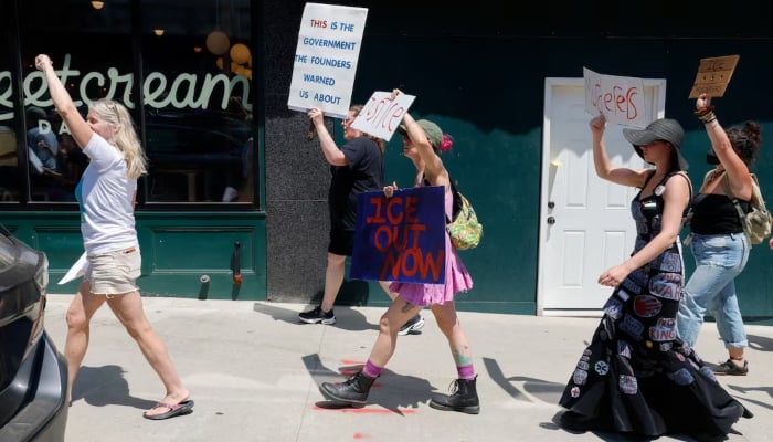 People take part in a protest after a shooting involving US Immigration and Customs Enforcement (Ice) in Biddeford, Maine, US July 13, 2026. — Reuters