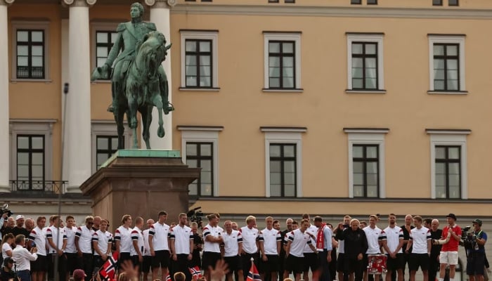 Members of the Norwegian mens football gather outside the palace as they celebrate their performance in the World Cup after returning to Oslo, Norway, July 13, 2026. — Reuters