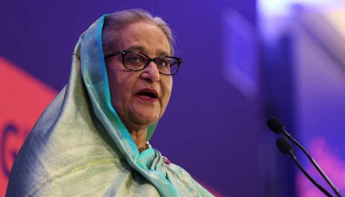 This file photo shows Sheikh Hasina, ousted prime minister of Bangladesh, addressing the EU Global Gateway Forum 2023, in Brussels, Belgium October 25, 2023. — Reuters