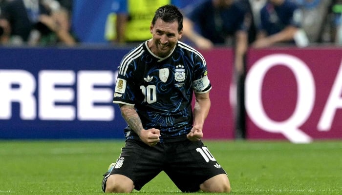 Argentinas forward #10 Lionel Messi celebrates his teams second goal scored by Argentinas forward #22 Lautaro Martinez (out of frame) during the 2026 World Cup football tournament semi-final match between England and Argentina at the Atlanta Stadium in Atlanta on July 15, 2026. — AFP