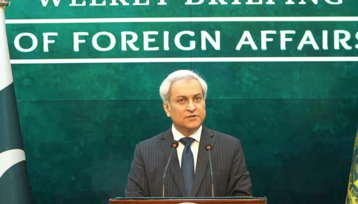 Foreign Office spokesperson Tahir Hussain Andrabi addresses weekly press briefing in Islamabad on July 16, 2026. — Screengrab via X@ForeignOfficePk