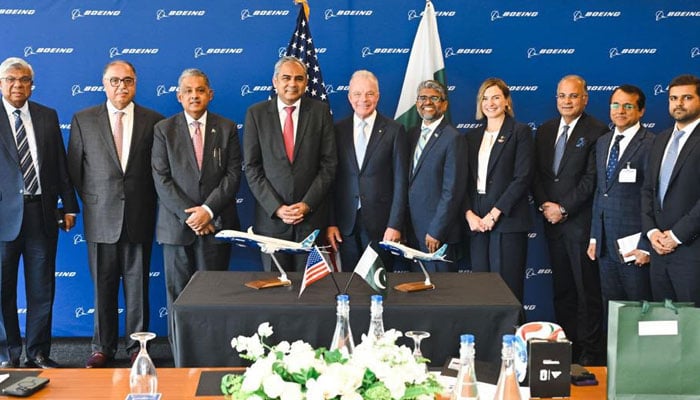 Interior Minister Mohsin Naqvi poses for a group photo with Boeing Global President Brendan Nelson at the companys headquarters in Washington on July 16, 2026. — X/@PTVNewsOfficial