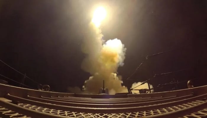An image from a US military handout video showing what it said was a missile launched as part of strike on Iran. — Reuters
