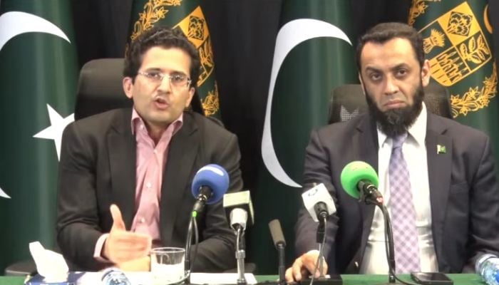 Federal Minister for Petroleum Ali Pervaiz Malik (left) and Information Minister Attaullah Tarar address the press conference regarding petroleum products prices on July 17, 2026. — Screengrab via Geo News