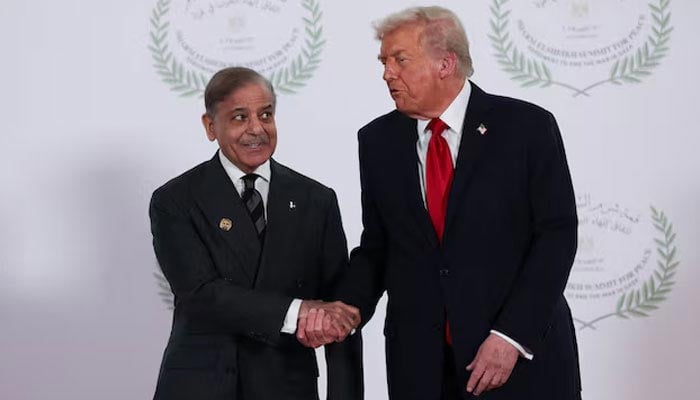 US President Donald Trump and Prime Minister Shehbaz Sharif shake hands as they pose for a photo at a world leaders summit on ending the Gaza war, in Sharm el-Sheikh, Egypt, October 13, 2025. — Reuters