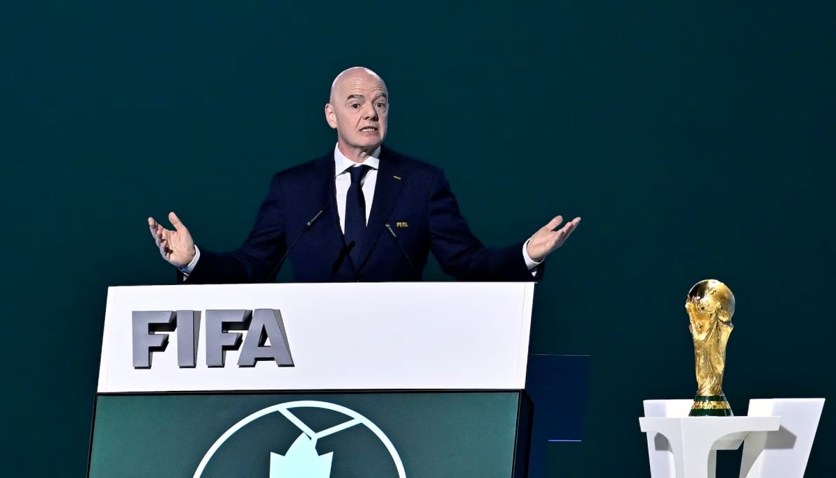 FIFA President Gianni Infantino speaks during the congress as the FIFA World Cup Trophy is seen on April 30, 2026. — Reuters