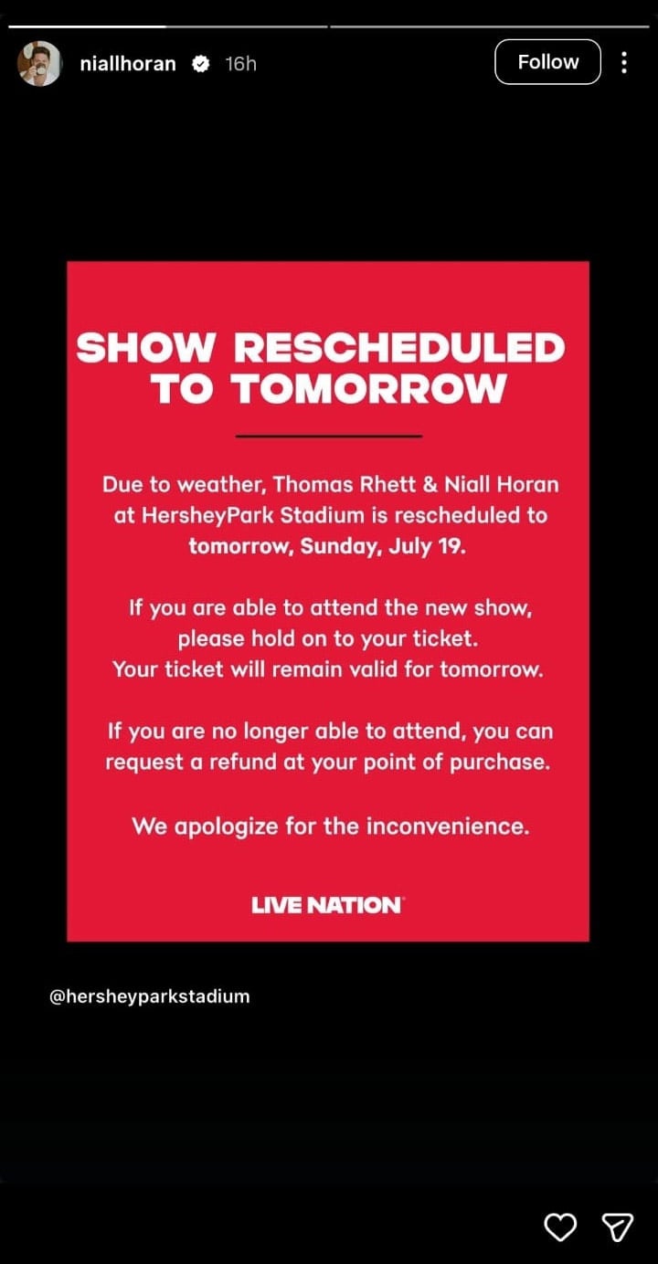 Niall Horan, Thomas Rhett forced to reschedule Hersheypark Stadium show