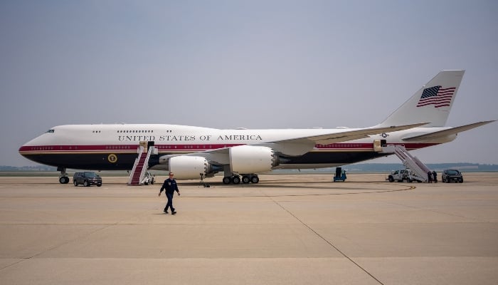 Air Force One is visible on the tarmac before US President Donald Trump arrives on July 17, 2026, at Joint Base Andrews, Maryland, US.