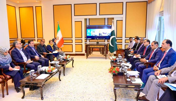 Iranian delegation holds meeting with Minister of State for Finance and Railways Bilal Azhar Kayani. — PID