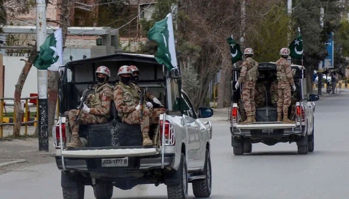 Security personnel patrol on a street in Quetta. — AFP/File
