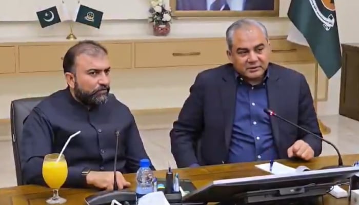 Balochistan Chief Minister Sarfraz Bugti (left) and Interior Minister Mohsin Naqvi co-chair a meeting on Balochistans law and order situation in Quetta, July 25, 2026. — Screengrab via YouTube/Geo News