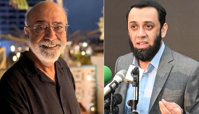 This collage shows veteran actor Syed Mohammed Ahmed (left) and Information Minister Attaullah Tarar. — Instagram@SyedMohammedAhmed/APP