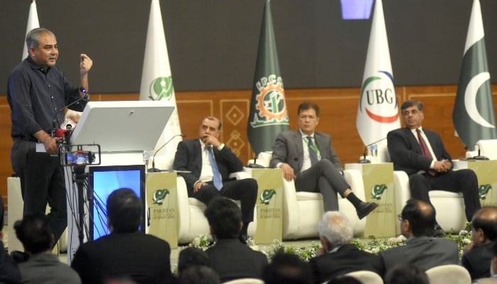 Federal Interior Minister Mohsin Naqvi addressing during Pakistan Economic Summit at Jinnah Convention Center, in Islamabad, July 30, 2026. — ONLINE