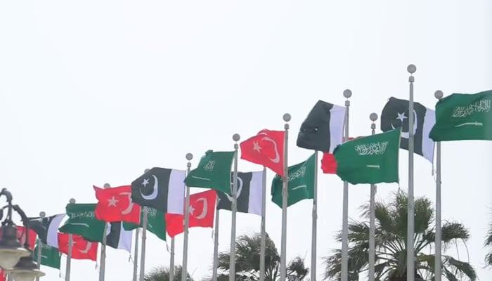 Flags of Saudi Arabia, Pakistan, and Turkiye are seen ahead of the summit in Makkah, Saudi Arabia, August 7, 2026. — PM Office