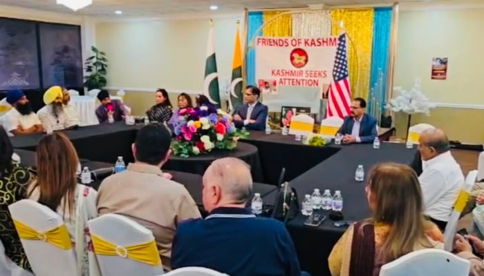 Participants attend a Friends of Kashmir conference marking the anniversary of Indias revocation of Article 370 and Article 35A in Dallas, Texas, US. — Geo News/Minhaz Bashir