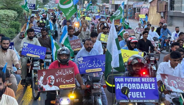 Jamaat-e-Islami workers stage a protest in Multan on August 7, 2026. — X@JIPOfficial