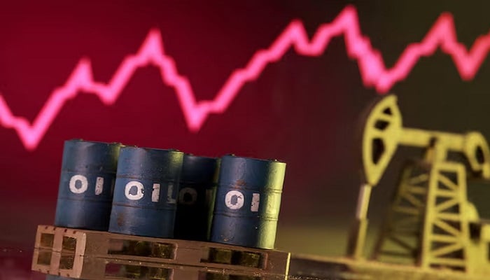 3D-printed oil pump jack and barrels in front of a rising stock graph appear in this illustration, taken March 2, 2026. — Reuters