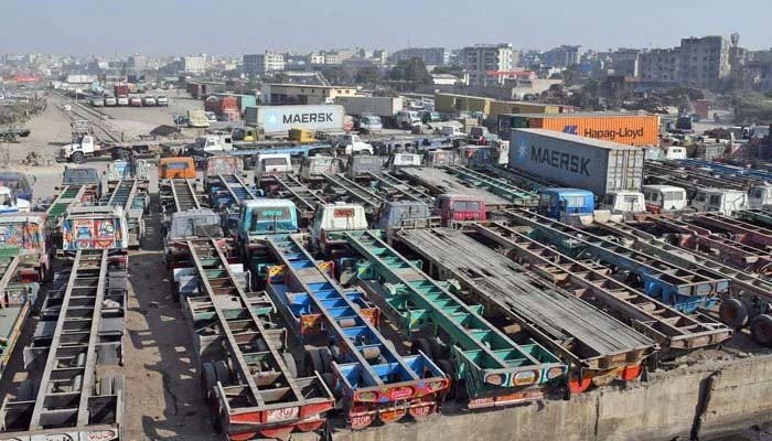 Trucks are seen parked during a strike called by the Goods Transporters Association on Maripur Road in Karachi. — Online/File