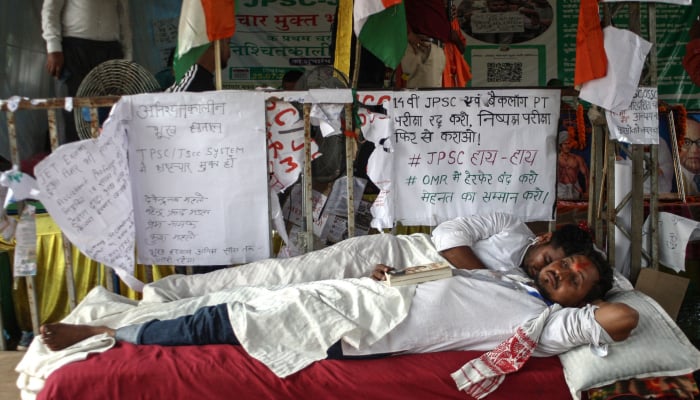 Students and job applicants on hunger strike are pictured during a sit-in protest against alleged irregularities in the Jharkhand Public Service Commission (JPSC) and Jharkhand Staff Selection Commission (JSSC) recruitment exams in Ranchi, India, August 7, 2026. — AFP