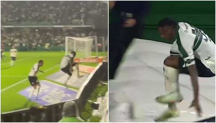 Brazilian soccer Jacy Maranhao jumps over the barriers in the Couto Pereira Stadium in Curitiba and dumped into a tunnel while celebrating goal. — Twitter/@AJE-sport