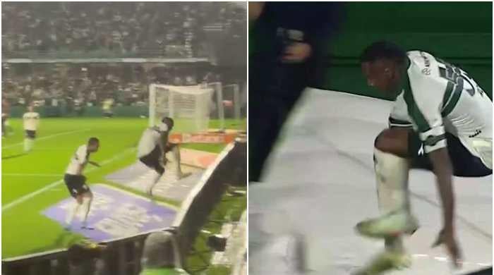 WATCH: Brazilian soccer player falls into tunnel while celebrating goal